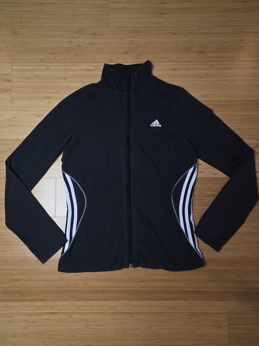 adidas Black Full-Zip Women’s Sports Jacket Sweater with Slimming White Stripes